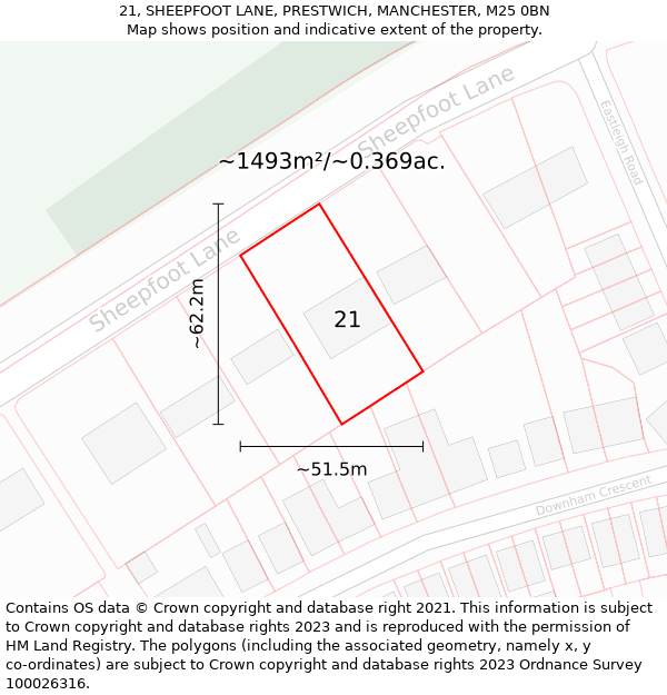 21, SHEEPFOOT LANE, PRESTWICH, MANCHESTER, M25 0BN: Plot and title map