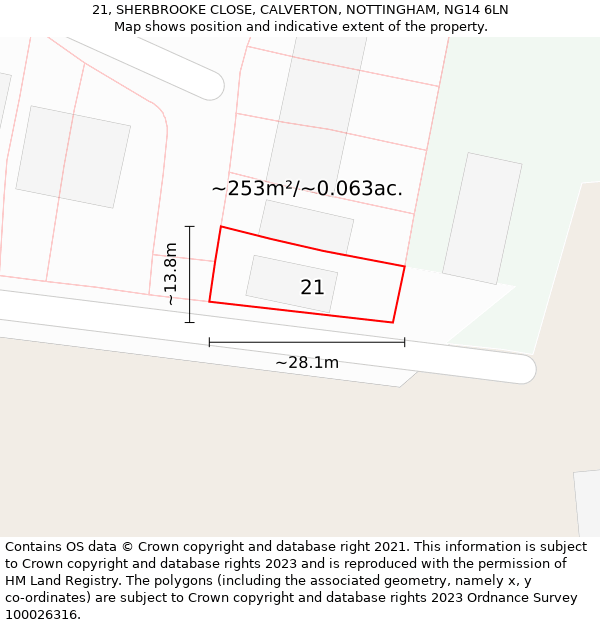 21, SHERBROOKE CLOSE, CALVERTON, NOTTINGHAM, NG14 6LN: Plot and title map