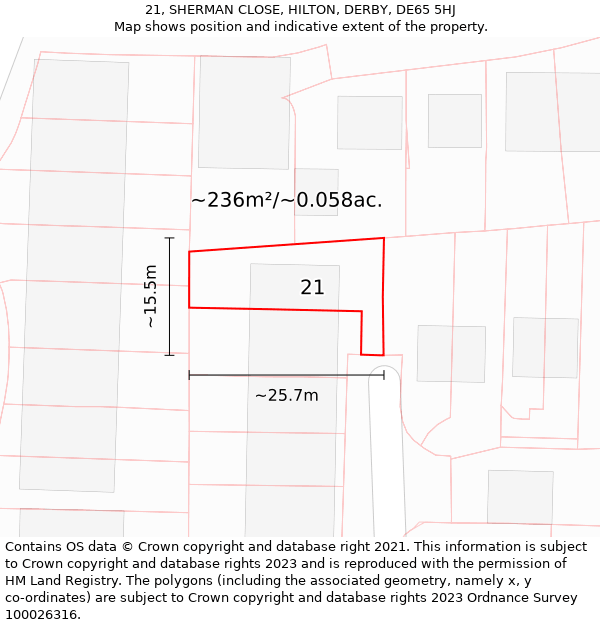 21, SHERMAN CLOSE, HILTON, DERBY, DE65 5HJ: Plot and title map