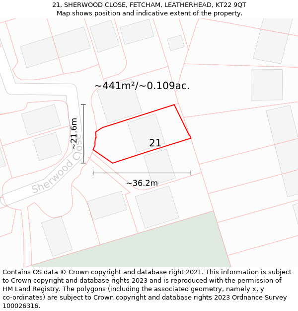 21, SHERWOOD CLOSE, FETCHAM, LEATHERHEAD, KT22 9QT: Plot and title map