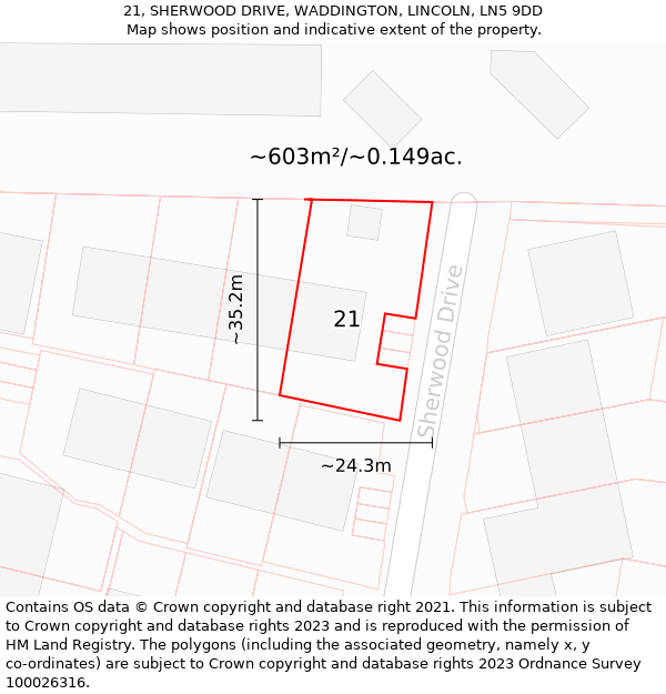 21, SHERWOOD DRIVE, WADDINGTON, LINCOLN, LN5 9DD: Plot and title map