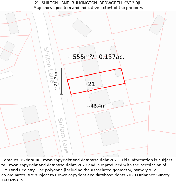 21, SHILTON LANE, BULKINGTON, BEDWORTH, CV12 9JL: Plot and title map