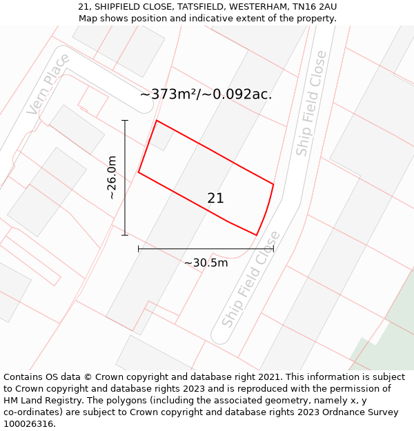 21, SHIPFIELD CLOSE, TATSFIELD, WESTERHAM, TN16 2AU: Plot and title map