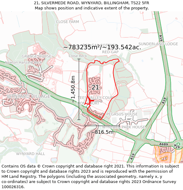 21, SILVERMEDE ROAD, WYNYARD, BILLINGHAM, TS22 5FR: Plot and title map