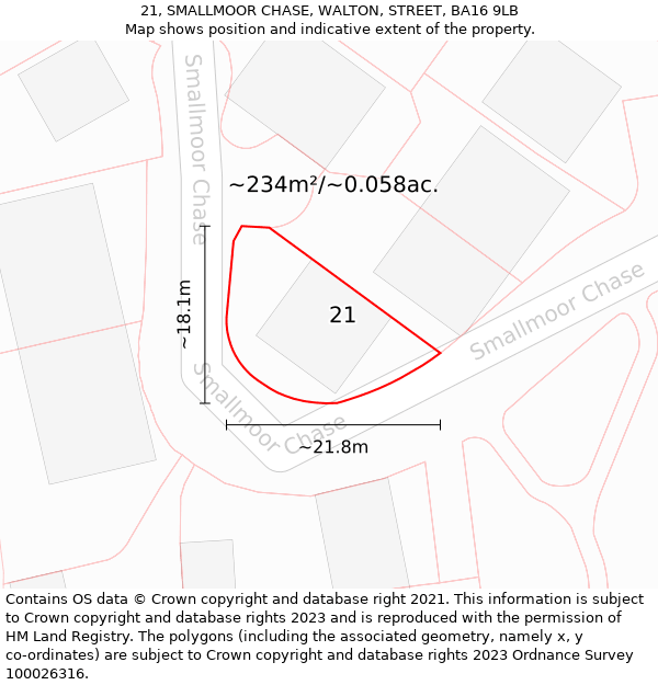 21, SMALLMOOR CHASE, WALTON, STREET, BA16 9LB: Plot and title map