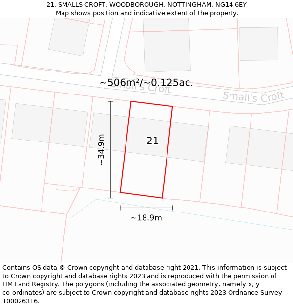 21, SMALLS CROFT, WOODBOROUGH, NOTTINGHAM, NG14 6EY: Plot and title map