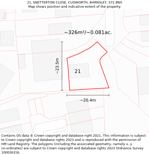 21, SNETTERTON CLOSE, CUDWORTH, BARNSLEY, S72 8NA: Plot and title map