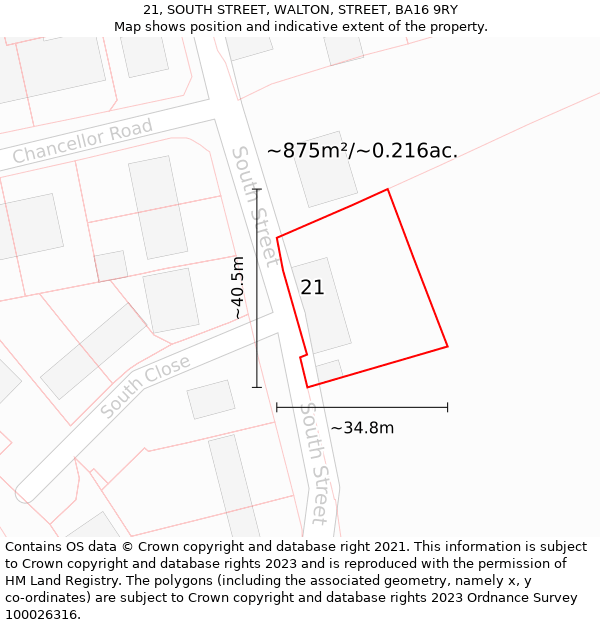 21, SOUTH STREET, WALTON, STREET, BA16 9RY: Plot and title map