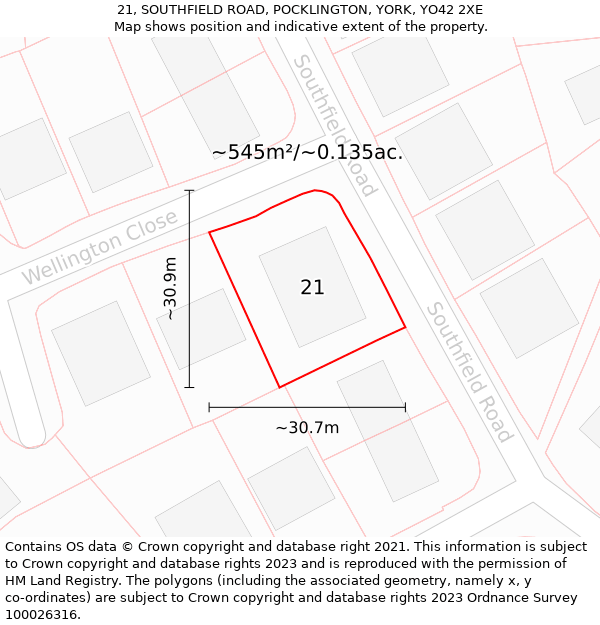 21, SOUTHFIELD ROAD, POCKLINGTON, YORK, YO42 2XE: Plot and title map