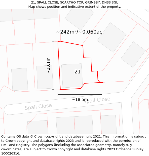 21, SPALL CLOSE, SCARTHO TOP, GRIMSBY, DN33 3GL: Plot and title map