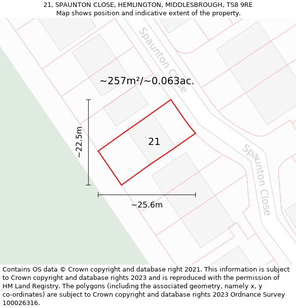 21, SPAUNTON CLOSE, HEMLINGTON, MIDDLESBROUGH, TS8 9RE: Plot and title map