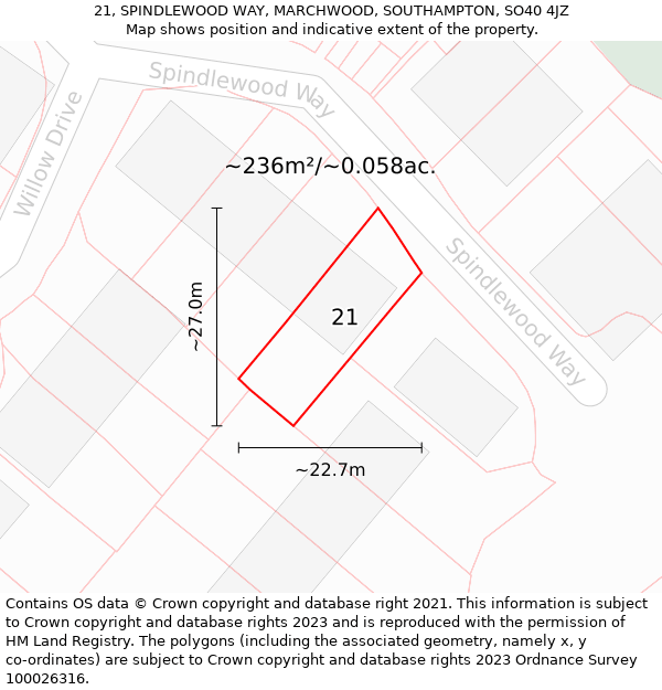 21, SPINDLEWOOD WAY, MARCHWOOD, SOUTHAMPTON, SO40 4JZ: Plot and title map