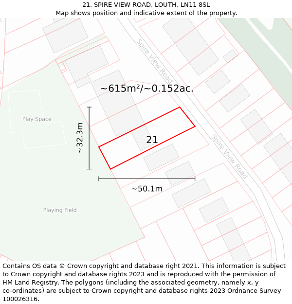 21, SPIRE VIEW ROAD, LOUTH, LN11 8SL: Plot and title map