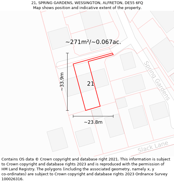 21, SPRING GARDENS, WESSINGTON, ALFRETON, DE55 6FQ: Plot and title map