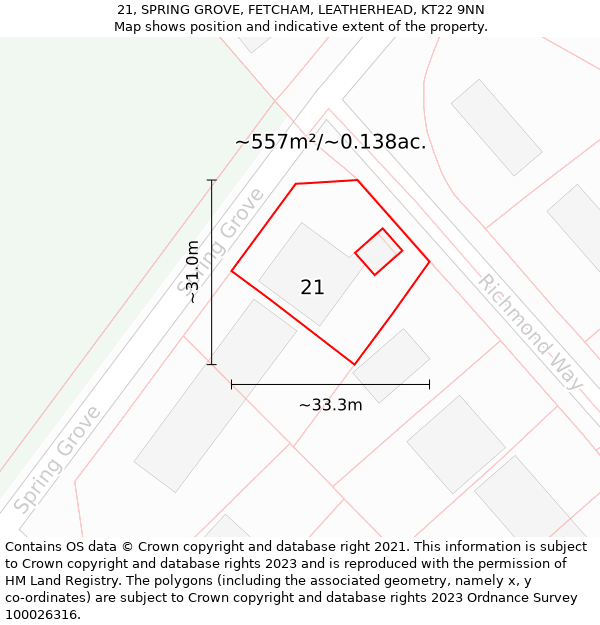 21, SPRING GROVE, FETCHAM, LEATHERHEAD, KT22 9NN: Plot and title map