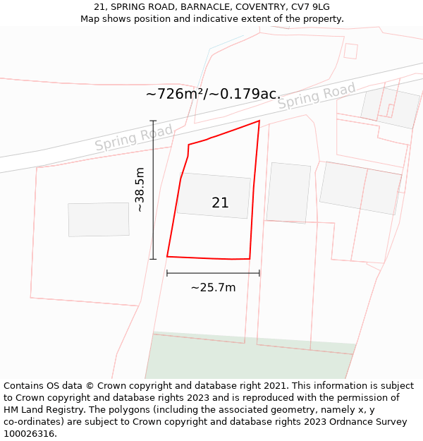 21, SPRING ROAD, BARNACLE, COVENTRY, CV7 9LG: Plot and title map