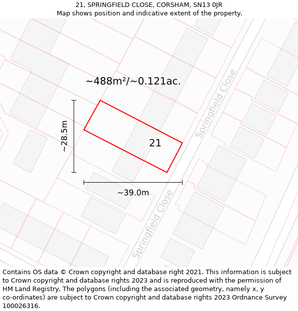 21, SPRINGFIELD CLOSE, CORSHAM, SN13 0JR: Plot and title map