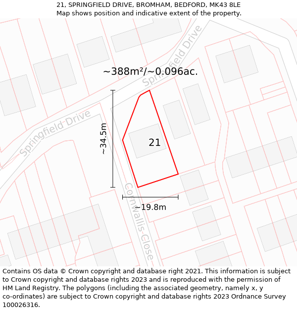 21, SPRINGFIELD DRIVE, BROMHAM, BEDFORD, MK43 8LE: Plot and title map