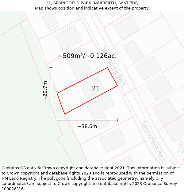 21, SPRINGFIELD PARK, NARBERTH, SA67 7DQ: Plot and title map