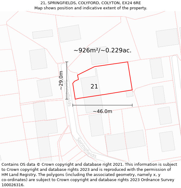 21, SPRINGFIELDS, COLYFORD, COLYTON, EX24 6RE: Plot and title map