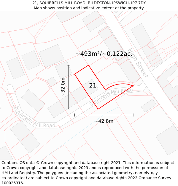 21, SQUIRRELLS MILL ROAD, BILDESTON, IPSWICH, IP7 7DY: Plot and title map