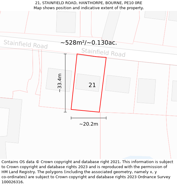 21, STAINFIELD ROAD, HANTHORPE, BOURNE, PE10 0RE: Plot and title map