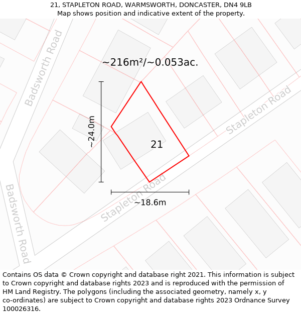 21, STAPLETON ROAD, WARMSWORTH, DONCASTER, DN4 9LB: Plot and title map