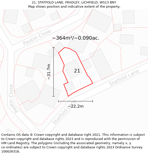 21, STATFOLD LANE, FRADLEY, LICHFIELD, WS13 8NY: Plot and title map