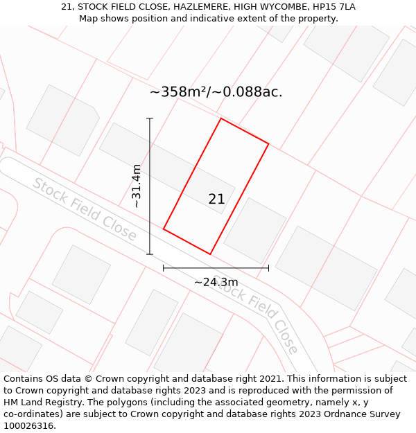 21, STOCK FIELD CLOSE, HAZLEMERE, HIGH WYCOMBE, HP15 7LA: Plot and title map