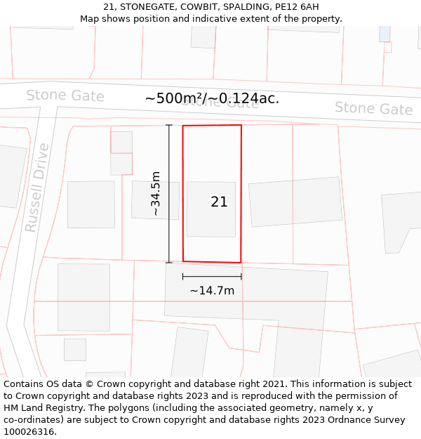 21, STONEGATE, COWBIT, SPALDING, PE12 6AH: Plot and title map