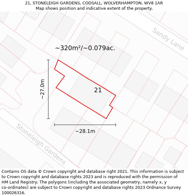 21, STONELEIGH GARDENS, CODSALL, WOLVERHAMPTON, WV8 1AR: Plot and title map