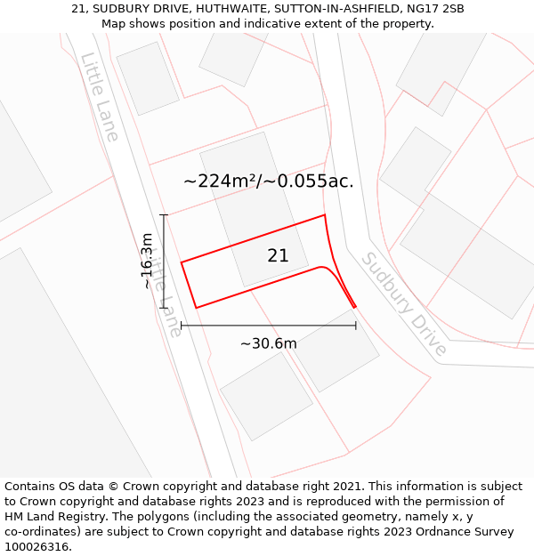 21, SUDBURY DRIVE, HUTHWAITE, SUTTON-IN-ASHFIELD, NG17 2SB: Plot and title map