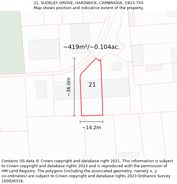 21, SUDELEY GROVE, HARDWICK, CAMBRIDGE, CB23 7XS: Plot and title map