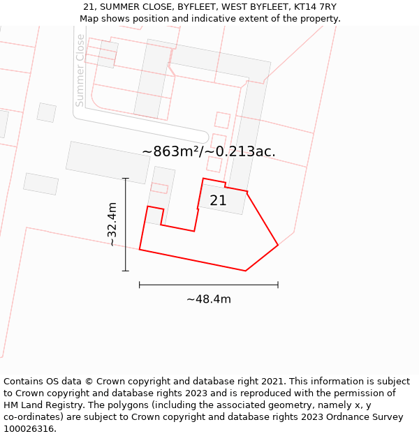 21, SUMMER CLOSE, BYFLEET, WEST BYFLEET, KT14 7RY: Plot and title map