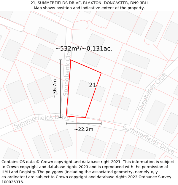 21, SUMMERFIELDS DRIVE, BLAXTON, DONCASTER, DN9 3BH: Plot and title map