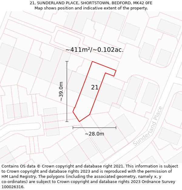 21, SUNDERLAND PLACE, SHORTSTOWN, BEDFORD, MK42 0FE: Plot and title map