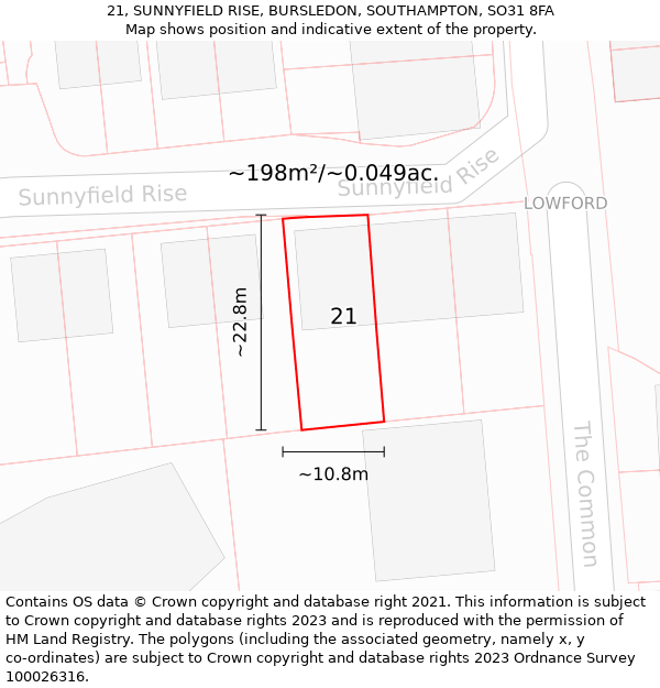 21, SUNNYFIELD RISE, BURSLEDON, SOUTHAMPTON, SO31 8FA: Plot and title map