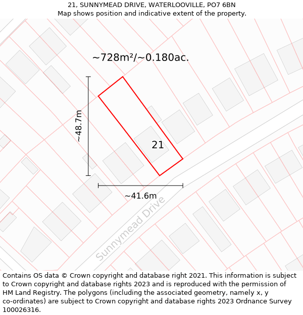 21, SUNNYMEAD DRIVE, WATERLOOVILLE, PO7 6BN: Plot and title map