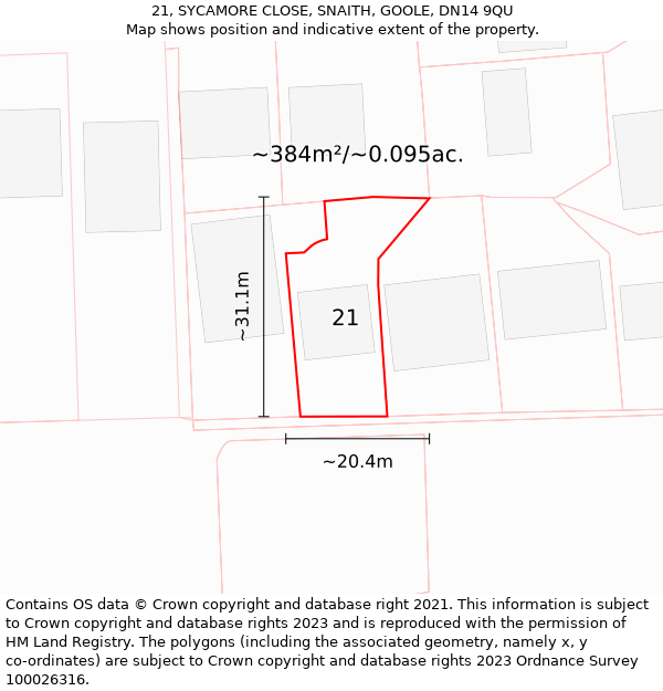 21, SYCAMORE CLOSE, SNAITH, GOOLE, DN14 9QU: Plot and title map