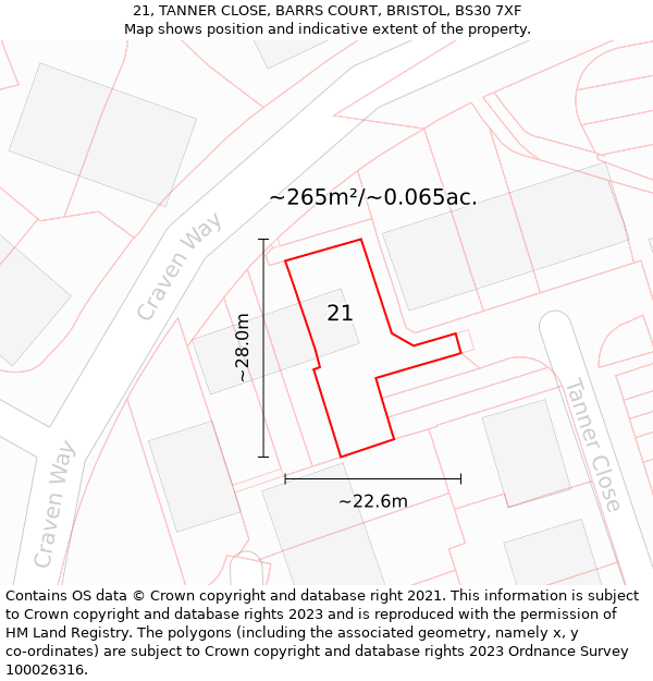 21, TANNER CLOSE, BARRS COURT, BRISTOL, BS30 7XF: Plot and title map