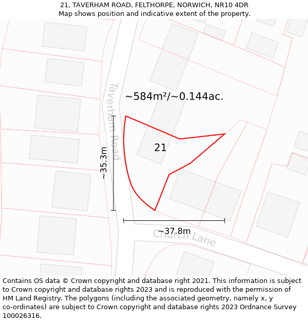 21, TAVERHAM ROAD, FELTHORPE, NORWICH, NR10 4DR: Plot and title map