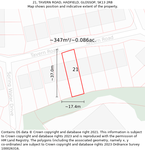 21, TAVERN ROAD, HADFIELD, GLOSSOP, SK13 2RB: Plot and title map
