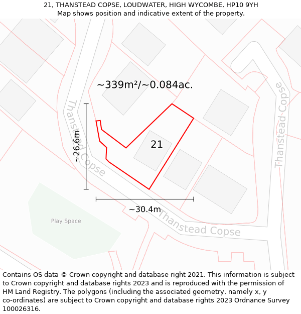 21, THANSTEAD COPSE, LOUDWATER, HIGH WYCOMBE, HP10 9YH: Plot and title map