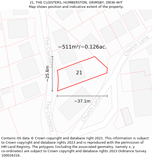 21, THE CLOISTERS, HUMBERSTON, GRIMSBY, DN36 4HT: Plot and title map
