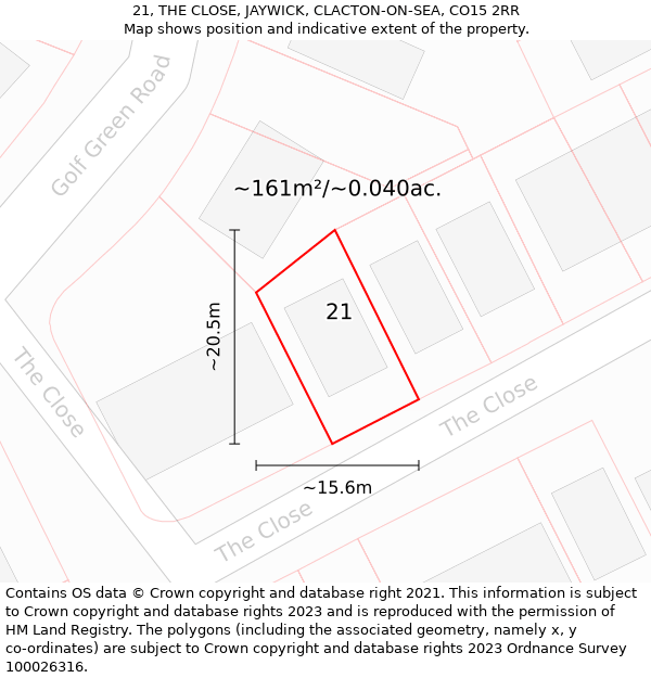 21, THE CLOSE, JAYWICK, CLACTON-ON-SEA, CO15 2RR: Plot and title map