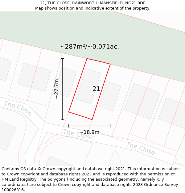 21, THE CLOSE, RAINWORTH, MANSFIELD, NG21 0DF: Plot and title map