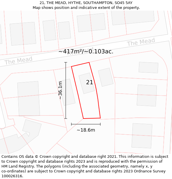 21, THE MEAD, HYTHE, SOUTHAMPTON, SO45 5AY: Plot and title map