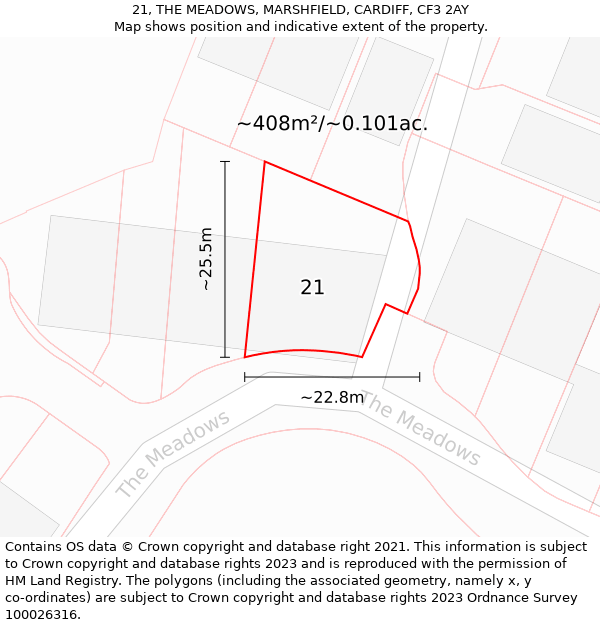 21, THE MEADOWS, MARSHFIELD, CARDIFF, CF3 2AY: Plot and title map