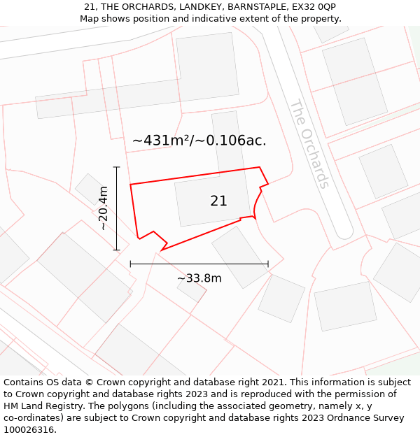 21, THE ORCHARDS, LANDKEY, BARNSTAPLE, EX32 0QP: Plot and title map