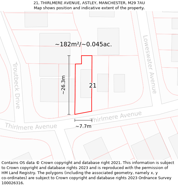 21, THIRLMERE AVENUE, ASTLEY, MANCHESTER, M29 7AU: Plot and title map